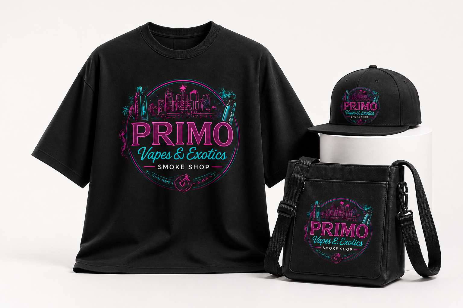 Sample Primo branded T-shirt, hat and crossbody bag in a bright studio